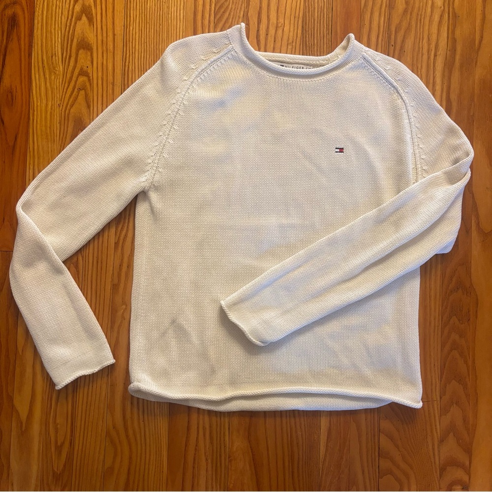 Tommy Hilfiger Women’s Cream Knit Sweater - Roll Hem - 100% Cotton - Size L